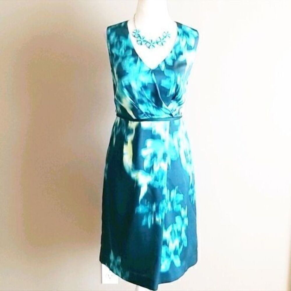 Tahari watercolor blue satin sheath dress size 2